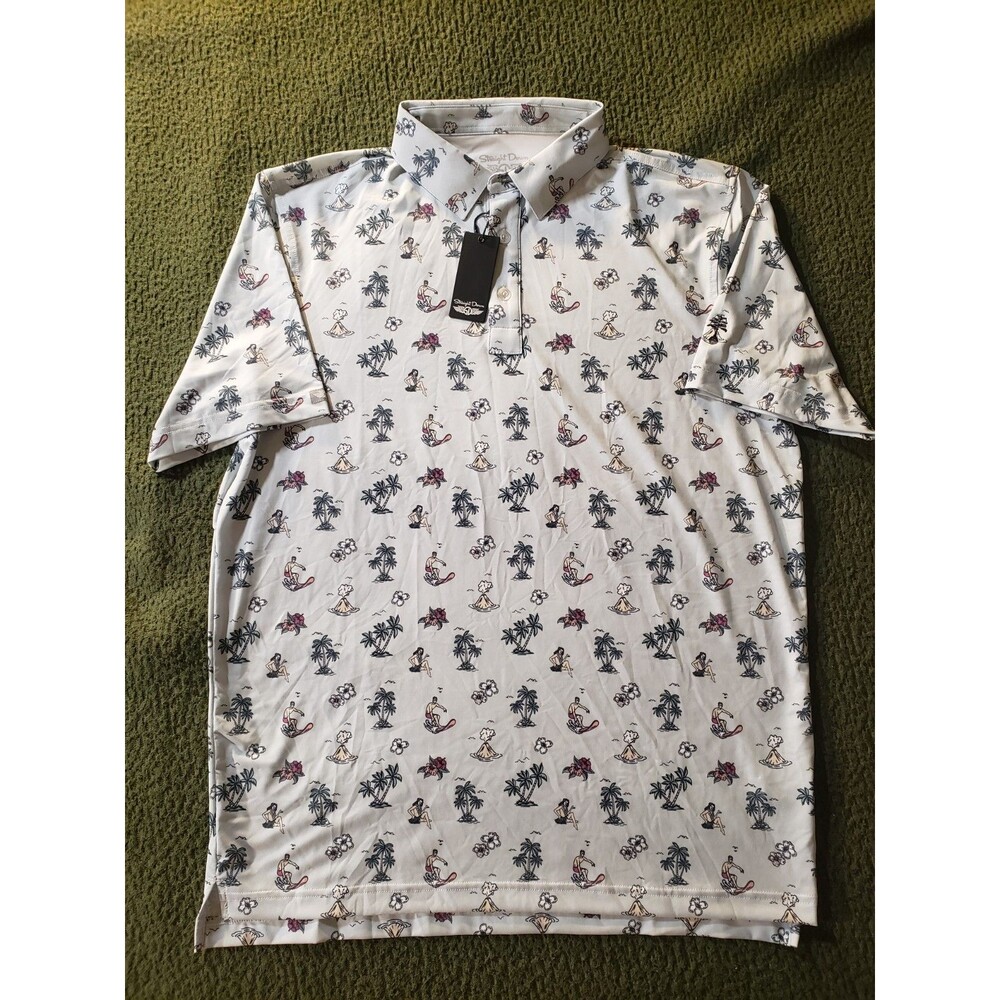 Straight Down Hawaiian Volcano Palm Tree Surfer Hula Golf Polo Shirt Mens M Blue